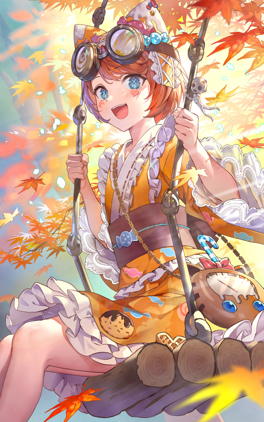 1girl, :d, autumn_leaves, bag, blue_eyes, blush, brown_hair, chain, commentary_request, facial_mark, feet_out_of_frame, frilled_kimono, frills, goggles, goggles_on_head, hat, heart, highres, identity_v, japanese_clothes, kimono, leaf, long_sleeves, looking_at_viewer, maple_leaf, obi, open_mouth, orange_headwear, orange_kimono, ribbon-trimmed_kimono, sash, short_hair, shoulder_bag, sitting, smile, solo, swing, teffish, tracy_reznik, upper_teeth, wide_sleeves