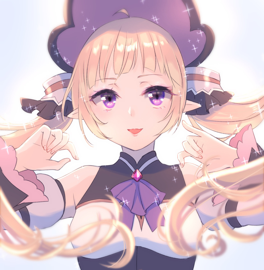1girl, :d, ahoge, bangs, bare_shoulders, blonde_hair, blurry, blurry_foreground
