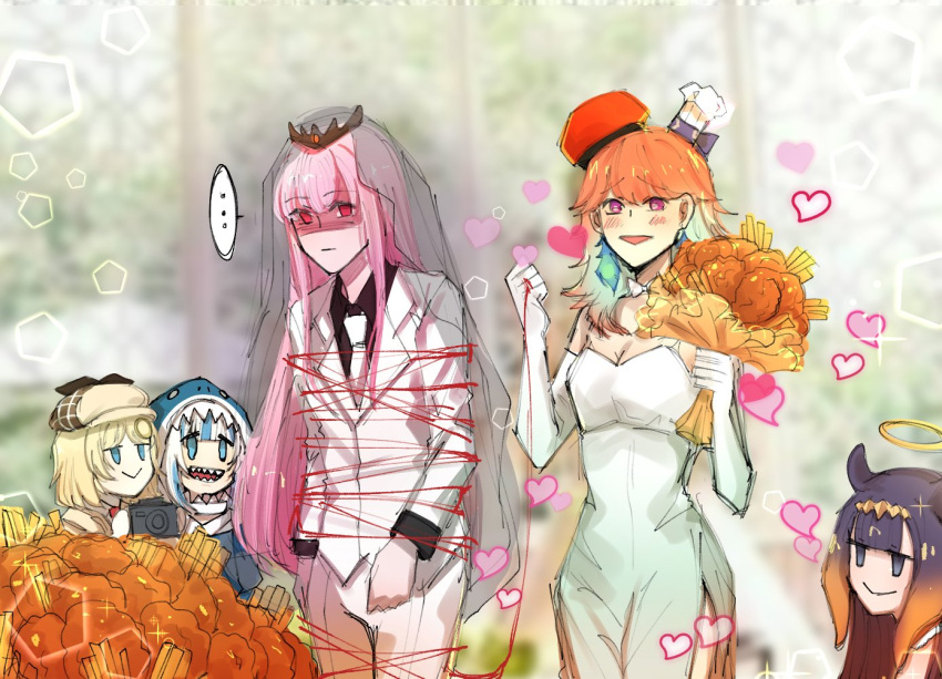 ..., 5girls, blonde_hair, blue_eyes, blue_hair, bouquet, camera, dress, empty_eyes, flower, gawr_gura, halo, heart, holding, holding_bouquet, hololive, hololive_english, holomyth, mori_calliope, multiple_girls, ninomae_ina'nis, onionyaa, orange_hair, photo-referenced, pink_hair, purple_hair, red_eyes, shaded_face, sharp_teeth, spoken_ellipsis, string, string_of_fate, takanashi_kiara, teeth, tiara, veil, violet_eyes, watson_amelia, wedding_dress, wife_and_wife, yuri