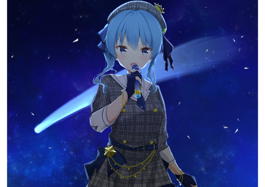 1girl, absurdres, backlighting, belt, belt_chain, beret, black_gloves, blue_eyes