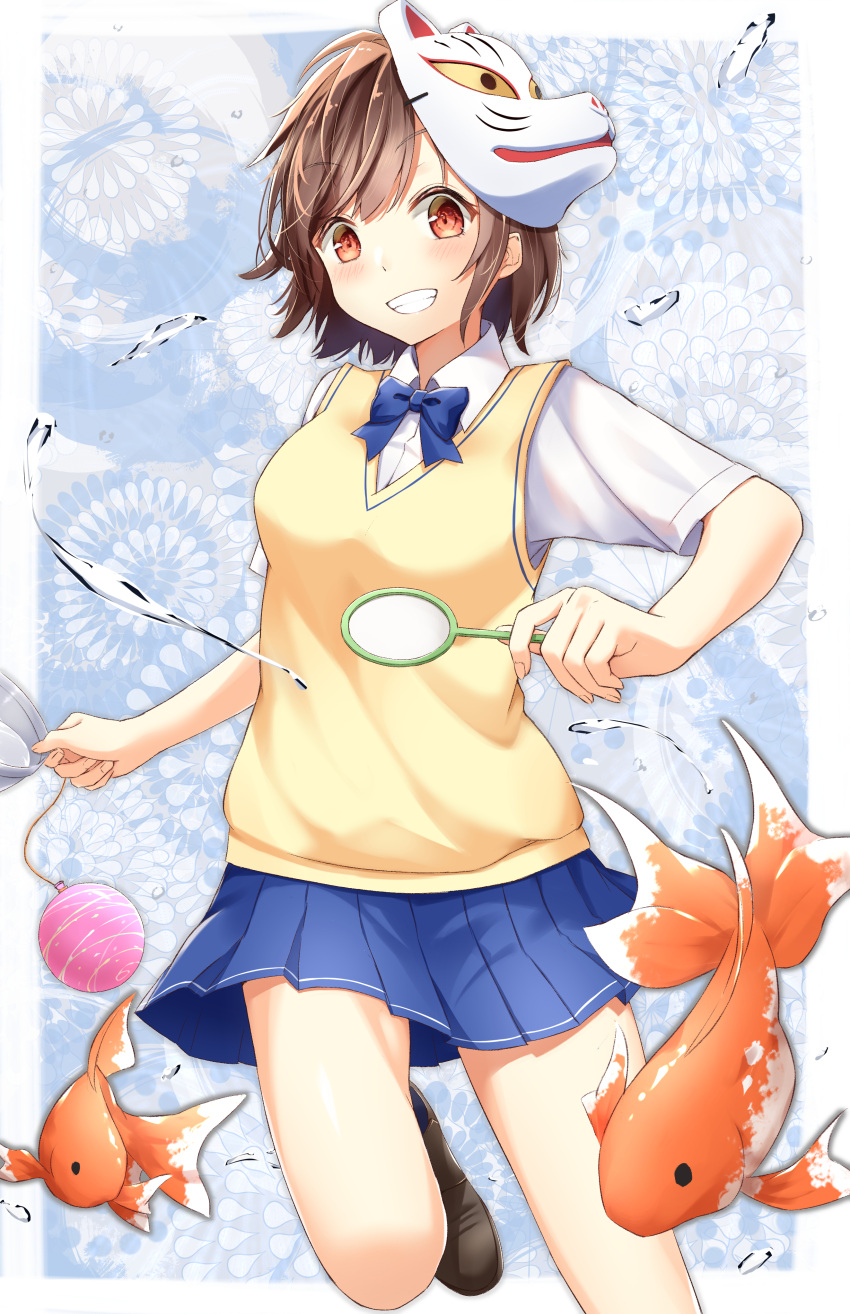 1girl, absurdres, balloon, blue_bow, blue_skirt, border, bow, bowtie