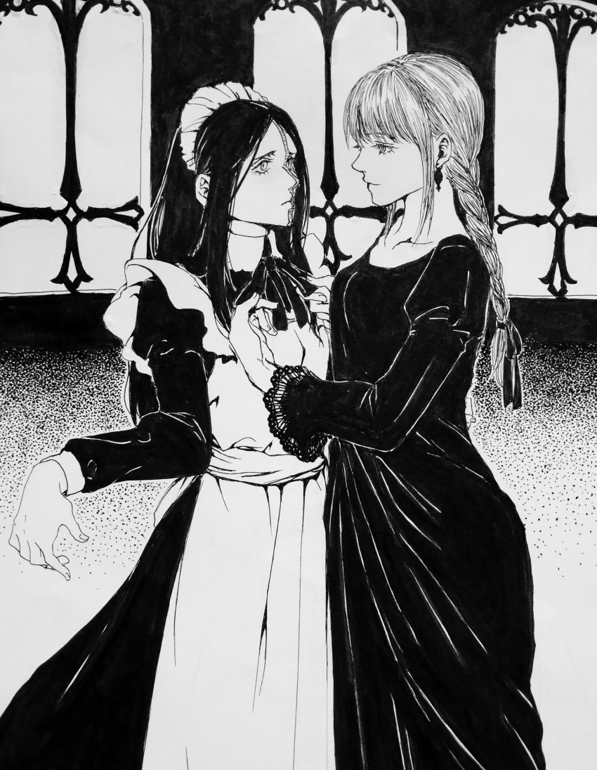 2girls, adjusting_another's_clothes, alternate_costume, apron, bangs, black_dress, black_hair, braid
