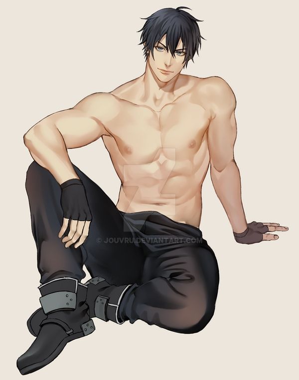 1boy, abs, ahoge, alternate_breast_size, arm_support, artist_name, black_footwear, black_gloves