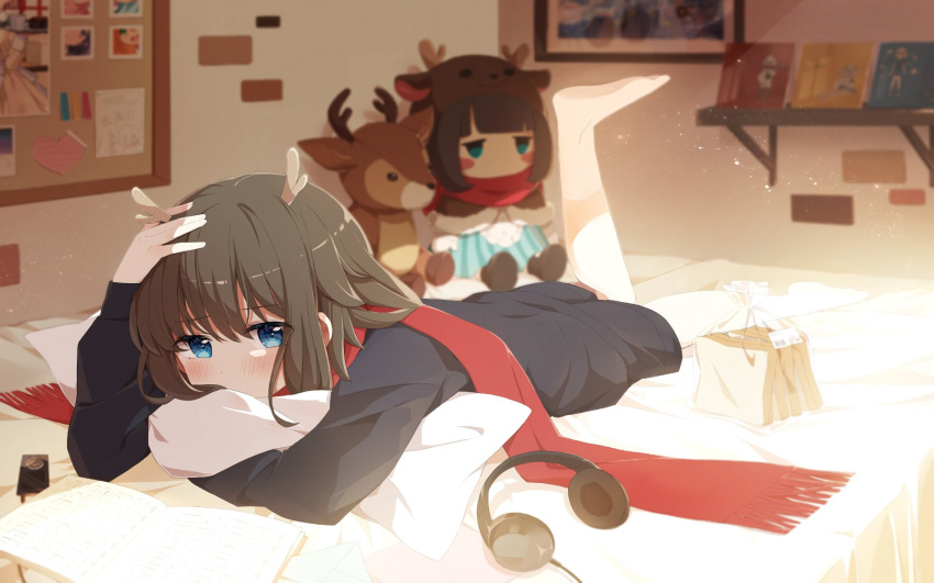 1girl, antlers, bangs, barefoot, bed, black_shirt, black_shorts, blue_eyes