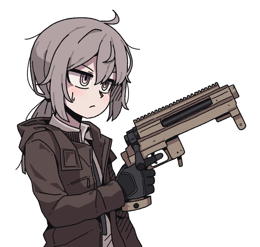 1girl, ahoge, blush, bolt_action, cheytac_m200, coat, commentary, frown, girls_frontline, gloves, grey_hair, gun, kare, m200_(girls_frontline), necktie, obrez, overcoat, rifle, short_ponytail, simple_background, sniper_rifle, sweatdrop, weapon, white_background