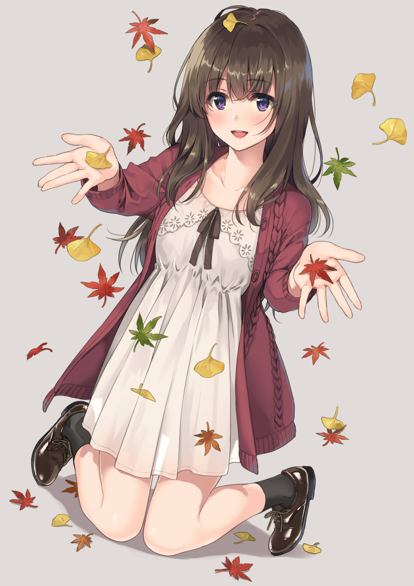 1girl, absurdres, autumn_leaves, black_legwear, brown_hair, cardigan, collarbone, dress