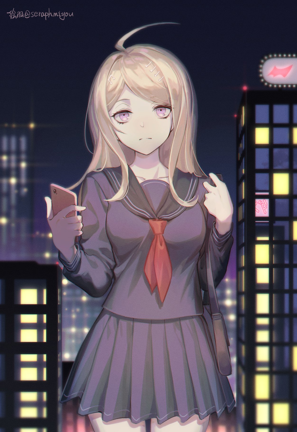 1girl, ahoge, akamatsu_kaede, bag, bangs, blonde_hair, blurry, blurry_background