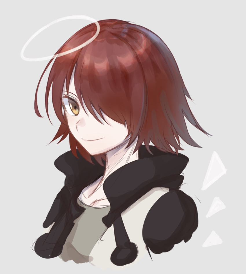 1girl, arknights, bangs, brown_eyes, commentary_request, cropped_torso, exusiai_(arknights), grey_background