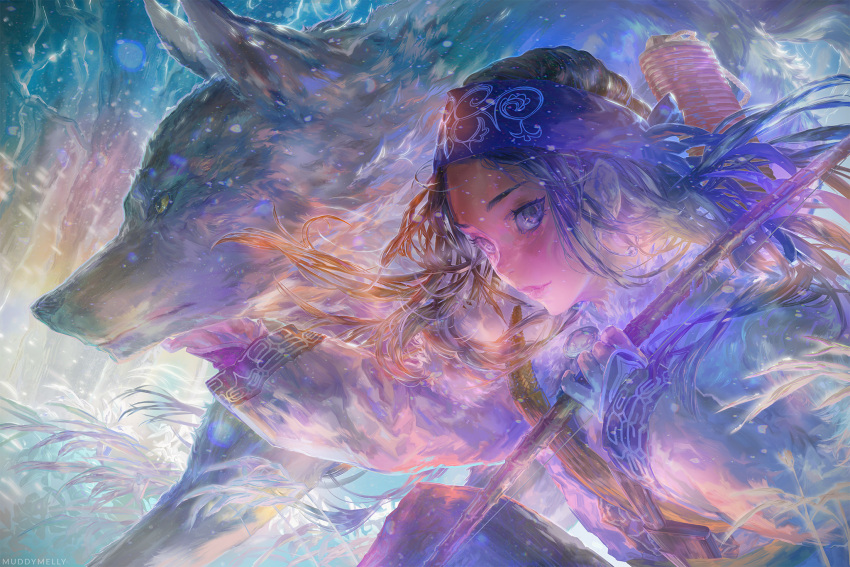 1girl, ainu, ainu_clothes, asirpa, black_hair, blue_eyes, blue_headband, bow_(weapon)