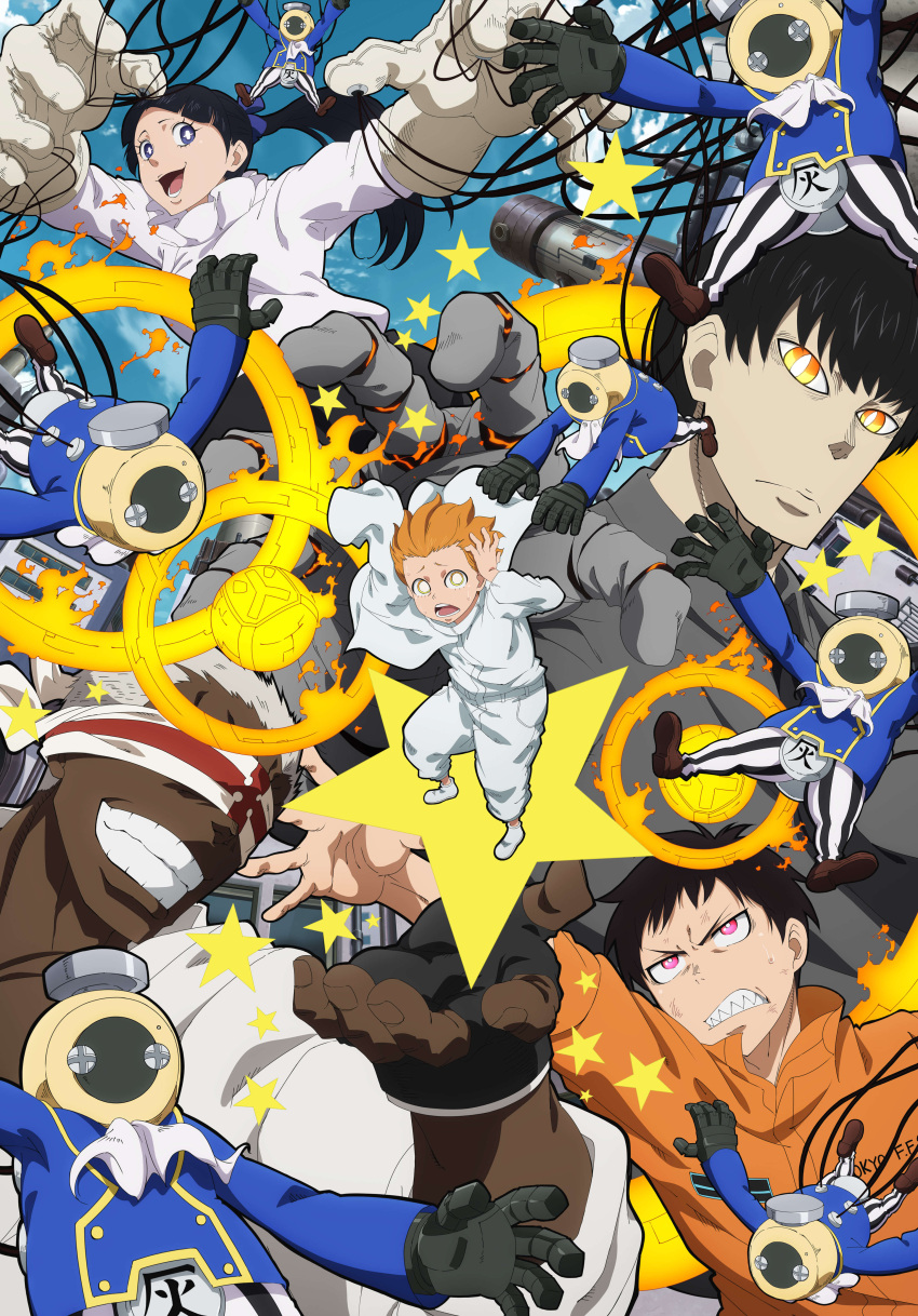 1girl, 4boys, absurdres, bandaged_arm, bandages, blindfold, blonde_hair, blue_eyes