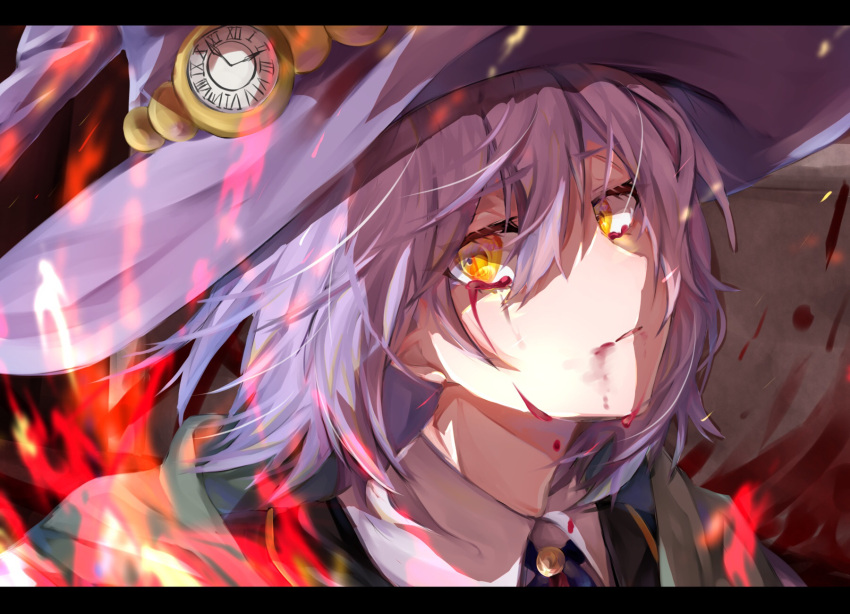1girl, bangs, blood, bloody_tears, clock, collared_shirt, estelle_(majo_no_tabitabi), fire, hair_between_eyes, hat, hat_ornament, highres, letterboxed, looking_to_the_side, majo_no_tabitabi, medium_hair, portrait, purple_hair, purple_headwear, shirt, solo, white_shirt, witch, witch_hat, yellow_eyes, yusha_(lv1_yusha_522)