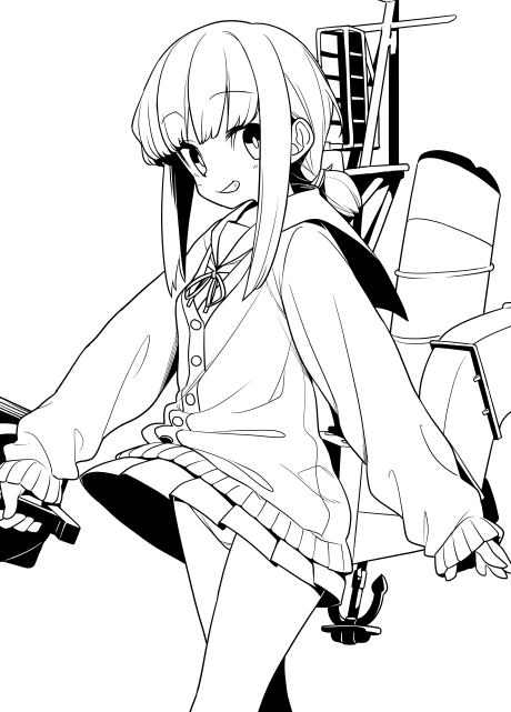 1girl, anchor, cardigan, commentary_request, cowboy_shot, fubuki_(kantai_collection), grin, kantai_collection