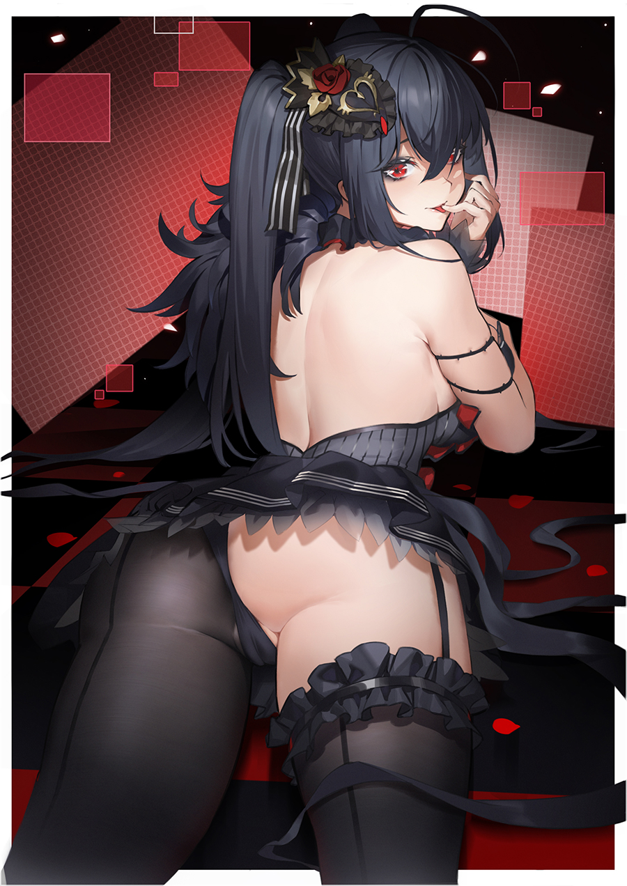 1girl, ahoge, ass, asymmetrical_legwear, azur_lane, backless_outfit, bangs, bare_shoulders