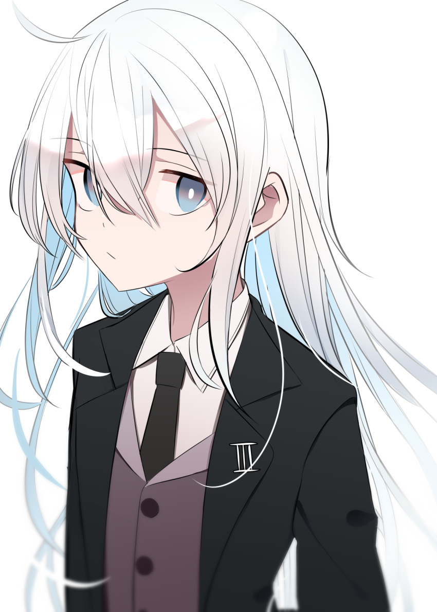 1girl, alternate_costume, black_neckwear, blue_eyes, buttons, closed_mouth, collared_shirt, eyebrows_visible_through_hair