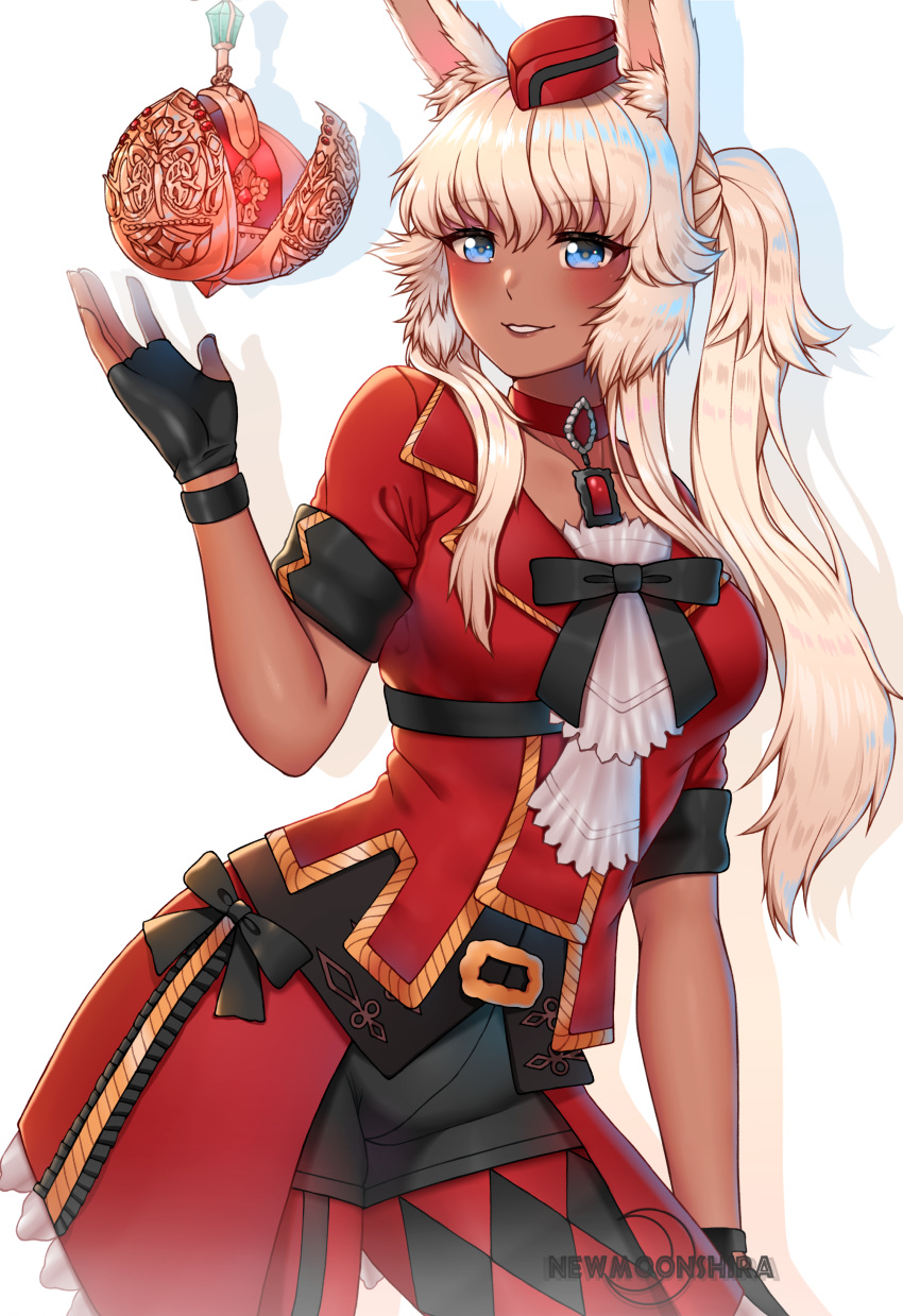1girl, absurdres, animal_ear_fluff, animal_ears, artist_logo, artist_name, bangs, black_gloves, blue_eyes, blush, breasts, choker, collarbone, commentary, commission, dark_skin, dark-skinned_female, english_commentary, eyebrows_visible_through_hair, fictional_persona, final_fantasy, final_fantasy_xiv, fingerless_gloves, freyja_lovesong, gloves, hand_up, hat, high_ponytail, highres, large_breasts, long_hair, looking_at_viewer, navel, newmoonshira, parted_lips, platinum_blonde_hair, rabbit_ears, rabbit_girl, red_choker, short_sleeves, side_ponytail, simple_background, smile, solo, viera, white_background