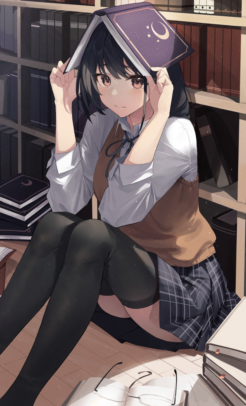 1girl, 3:, absurdres, black_gloves, black_hair, black_neckwear, black_ribbon, black_skirt