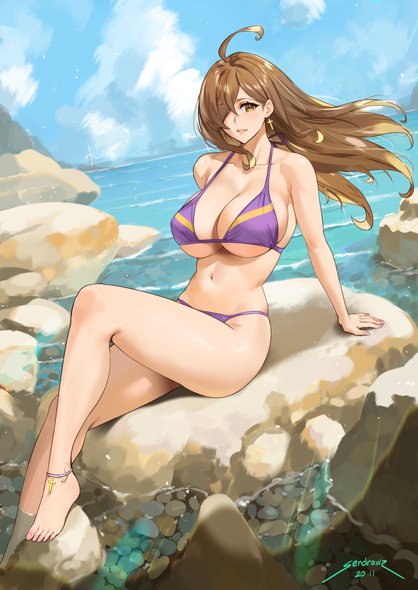 1girl, ahoge, bangs, bare_shoulders, beach, bikini, blue_sky, blush