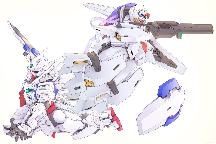 absurdres, aqua_eyes, arm_blade, clenched_hand, floating, gun, gundam, gundam_00