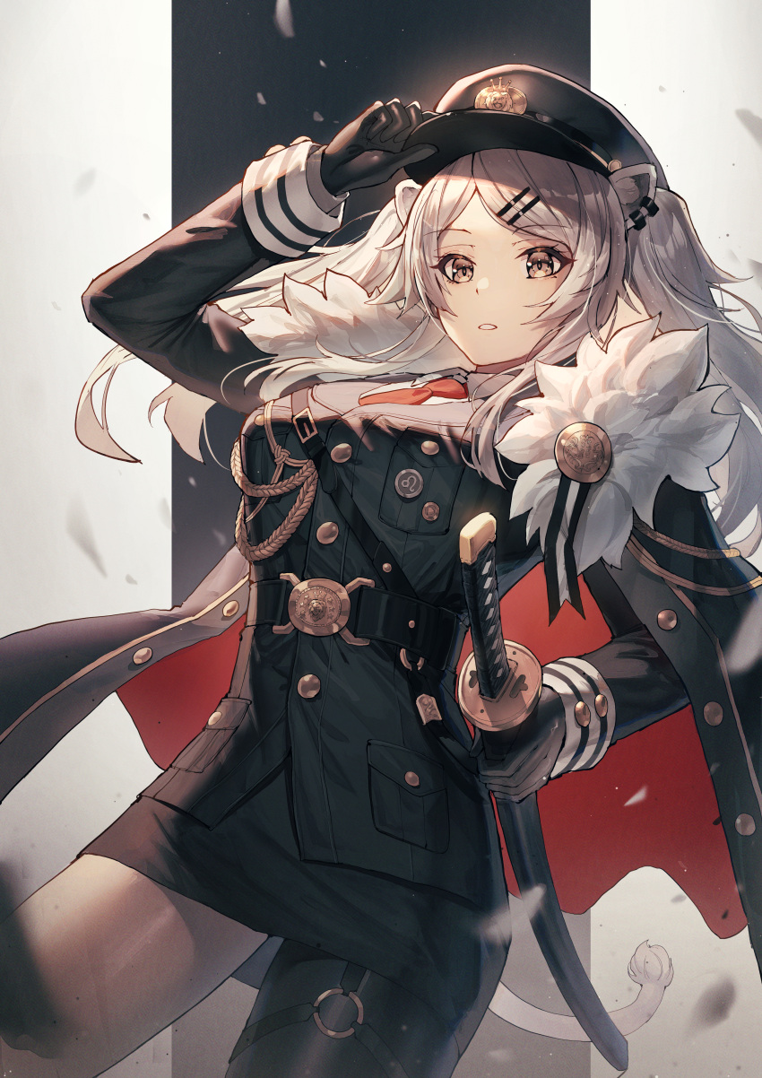 1girl, absurdres, aiguillette, animal_ears, belt, black_gloves, black_headwear, black_jacket, black_legwear, blush, breasts, brown_eyes, coat, coat_on_shoulders, cowboy_shot, eating, fur-trimmed_coat, fur_trim, gloves, hair_ornament, hairclip, hand_on_headwear, hand_on_sheath, hat, highres, hololive, huge_filesize, jacket, lion_ears, lion_girl, lion_tail, long_hair, long_sleeves, looking_at_viewer, mazel_(mazel_star), medium_breasts, military, military_hat, military_jacket, military_uniform, necktie, o-ring, open_clothes, open_coat, parted_lips, red_neckwear, sheath, sheathed, shishiro_botan, sidelocks, silver_hair, solo, sword, tail, twintails, two-tone_background, unbuttoned, uniform, virtual_youtuber, weapon