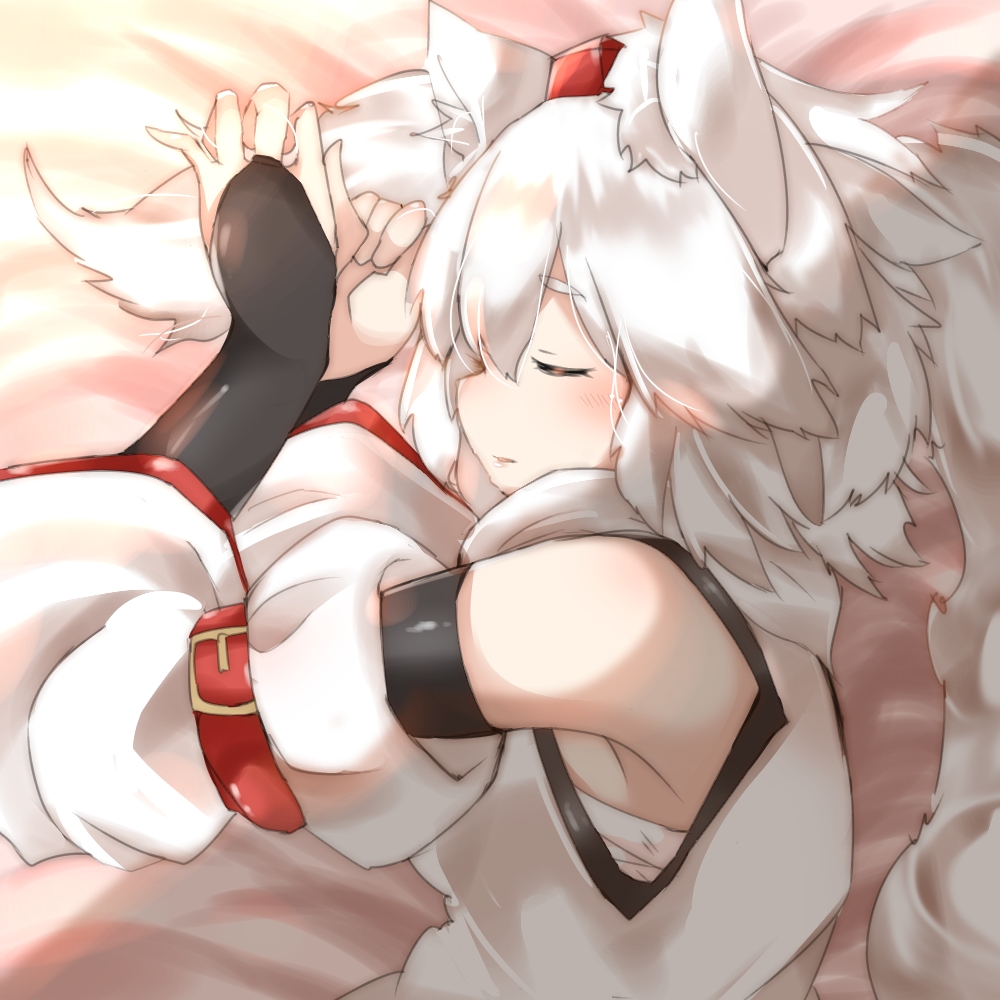 1girl, animal_ear_fluff, animal_ears, arm_belt, arm_garter, arm_strap, armpit_crease, armpit_peek, arms_up, bangs, bare_shoulders, belt, belt_buckle, black_gloves, blush, buckle, commentary, detached_sleeves, eyebrows_visible_through_hair, from_side, gloves, hair_between_eyes, hat, houkai_(collapse_illust), inubashiri_momiji, large_tail, lying, on_side, parted_lips, profile, red_belt, red_headwear, shirt, short_hair, sidelocks, sleeping, sleeveless, sleeveless_shirt, solo, tail, tail_hold, tail_pillow, thick_eyebrows, tokin_hat, touhou, turtleneck, upper_body, white_hair, white_shirt, wolf_ears, wolf_tail
