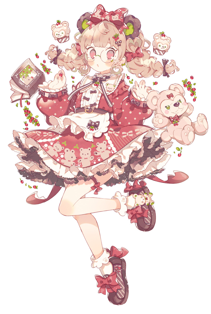 1girl, :o, animal_ears, animal_print, bear_print, blush, book, bow
