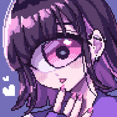 1girl, blush, commentary_request, cyclops, dutch_angle, ear_piercing, heart, limited_palette, looking_at_viewer, lowres, mntimccz, nail_polish, one-eyed, open_mouth, original, piercing, pink_eyes, pink_nails, pixel_art, portrait, purple_background, purple_theme, sidelocks, simple_background, solo, violet_eyes