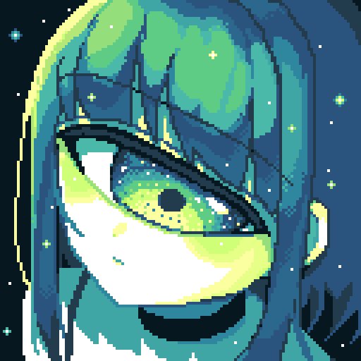 1girl, bangs, black_background, black_choker, blunt_bangs, choker, collarbone, commentary_request, cyclops, expressionless, foreshortening, green_eyes, green_hair, green_theme, limited_palette, looking_at_viewer, mntimccz, one-eyed, original, pixel_art, portrait, sidelocks, simple_background, solo, sparkle, upper_body