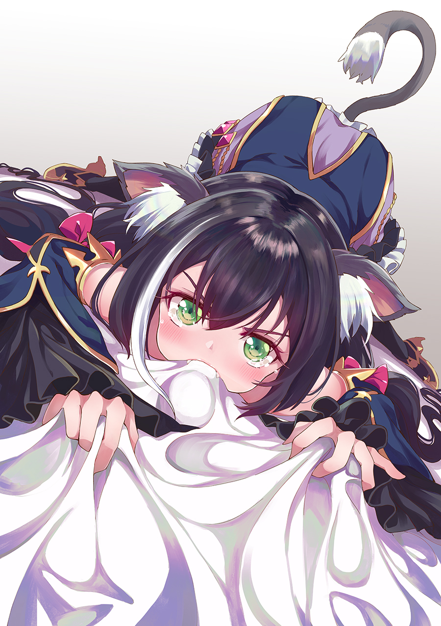 1girl, all_fours, animal_ear_fluff, animal_ears, bangs, bed_sheet, black_footwear, black_hair
