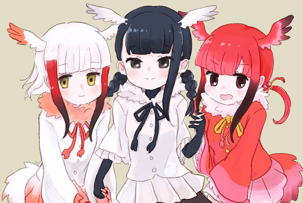 3girls, bangs, bauble, bird_girl, bird_tail, bird_wings, black-headed_ibis_(kemono_friends), black_eyes, black_gloves, black_hair, black_neckwear, blush, braid, commentary_request, elbow_gloves, eyebrows_visible_through_hair, frilled_sleeves, frills, fur_collar, gloves, head_wings, holding_hands, japanese_crested_ibis_(kemono_friends), kemono_friends, korean_commentary, long_hair, multicolored_hair, multiple_girls, neck_ribbon, pink_skirt, pleated_skirt, red_neckwear, red_skirt, redhead, ribbon, san_sami, scarlet_ibis_(kemono_friends), short_hair, short_twintails, sidelocks, skirt, twin_braids, twintails, white_hair, white_skirt, wings, yellow_eyes, yellow_neckwear