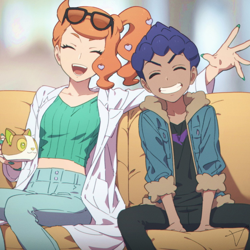 1boy, 1girl, blue_hair, closed_eyes, coffee_mug, couch, cup, dark_skin