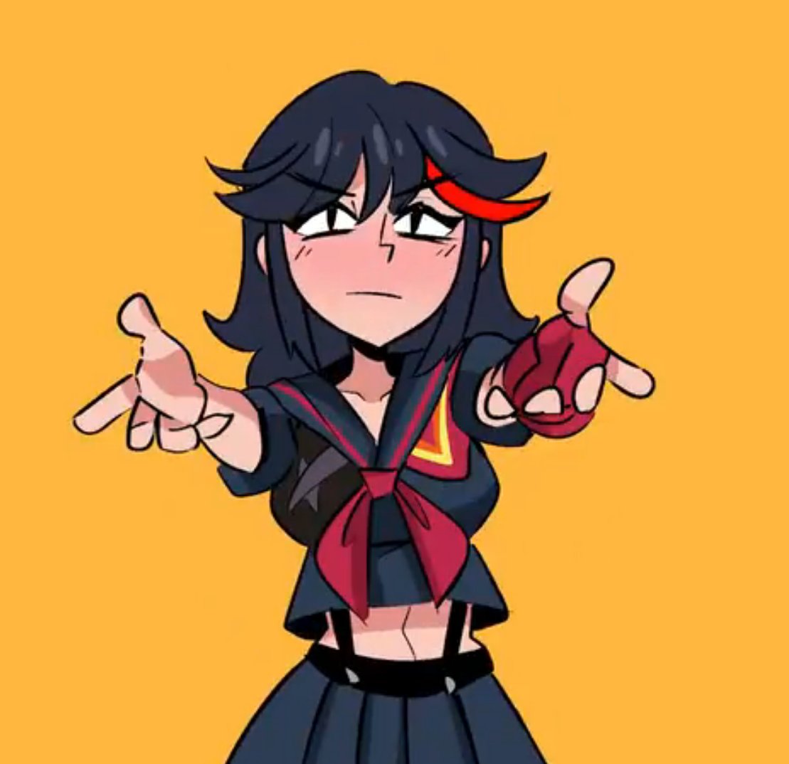 black_hair, blush, highlights, incoming_hug, kill_la_kill, looking_at_viewer, matoi_ryuuko, meme, midriff, multicolored_hair, my_little_pogchamp_(meme), peargor, pleated_skirt, redhead, school_uniform, senketsu, serafuku, short_hair, simple_background, skirt, streaked_hair, suspenders, yellow_background