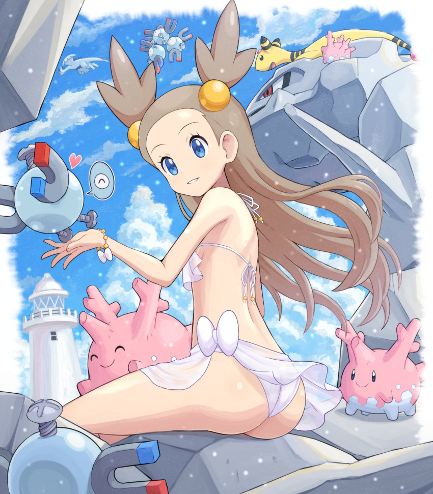 1girl, absurdres, alternate_costume, ampharos, ass, bikini, blue_eyes, bow, bracelet, brown_hair, clouds, commentary_request, corsola, day, eyelashes, floating_hair, from_below, gen_1_pokemon, gen_2_pokemon, hair_bobbles, hair_ornament, hand_up, heart, highres, jasmine_(pokemon), jewelry, legendary_pokemon, lighthouse, long_hair, looking_to_the_side, lugia, magnemite, magneton, outdoors, parted_lips, pokemoa, pokemon, pokemon_(creature), pokemon_(game), pokemon_gsc, shiny, shiny_skin, sitting, sky, smile, steelix, swimsuit, white_bikini, white_bow