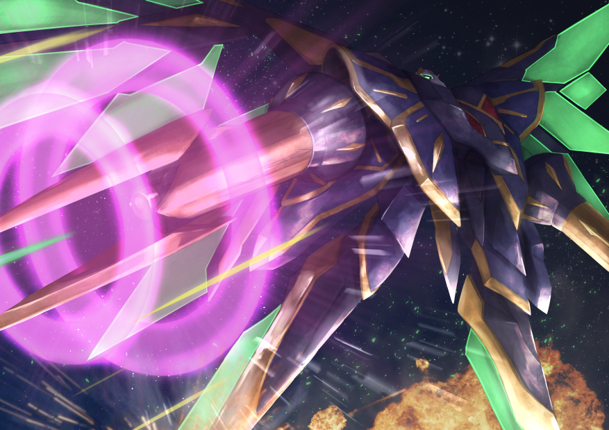 code_geass, code_geass:_fukkatsu_no_lelouch, energy_wings, explosion, firing, flying, from_below, glowing