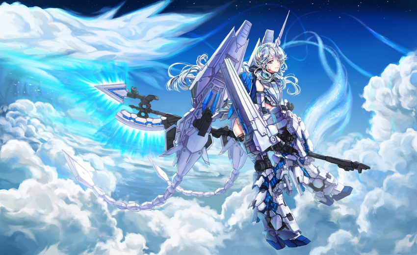 1girl, absurdres, axe, blue_eyes, clouds, energy_axe, floating_hair, flying, greatwhite1122, gundam, gundam_unicorn, highres, holding, holding_axe, horns, iridescent, long_hair, looking_at_viewer, mecha_musume, multicolored_hair, personification, revision, silver_hair, single_horn, sky, unicorn_gundam_perfectibility, very_long_hair, white_hair