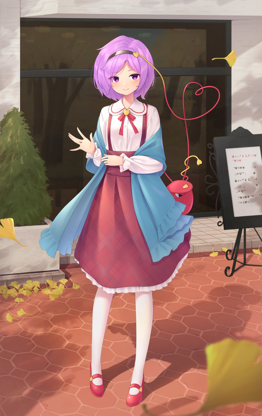 1girl, alternate_costume, bag, bangs, black_hairband, blouse, blush, building
