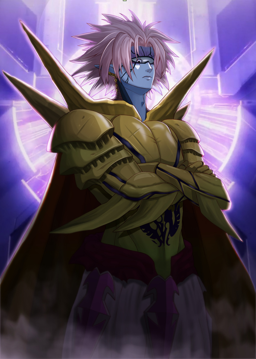 1boy, absurdres, alien, armor, baggy_pants, blue_skin, breastplate, cape