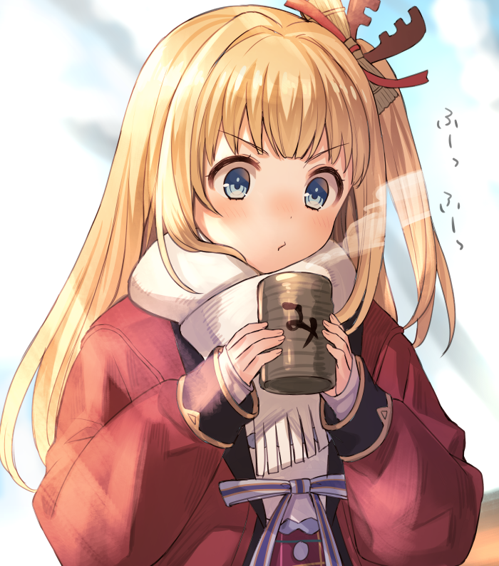 1girl, blonde_hair, blowing, blue_eyes, coat, cup, granblue_fantasy, kingyo_114, long_hair, mirin_(granblue_fantasy), scarf, sleeves_past_wrists, winter_clothes, winter_coat, yunomi