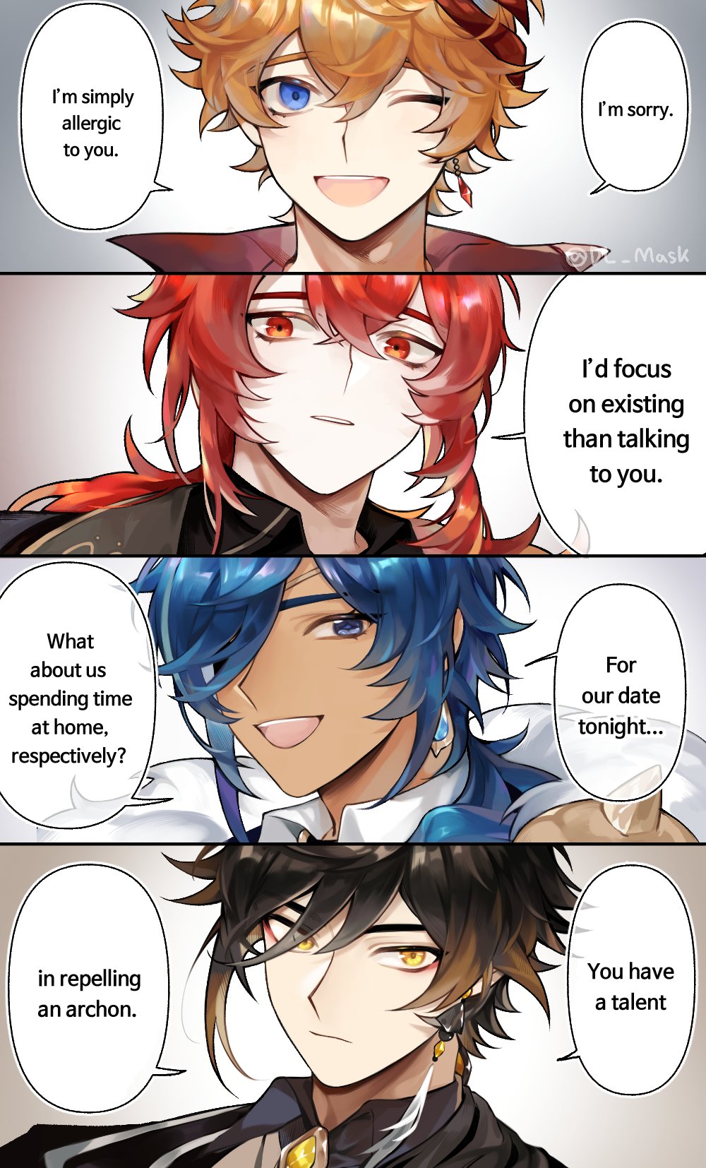 4boys, bangs, black_hair, blue_eyes, blue_hair, closed_mouth, collar, comedy
