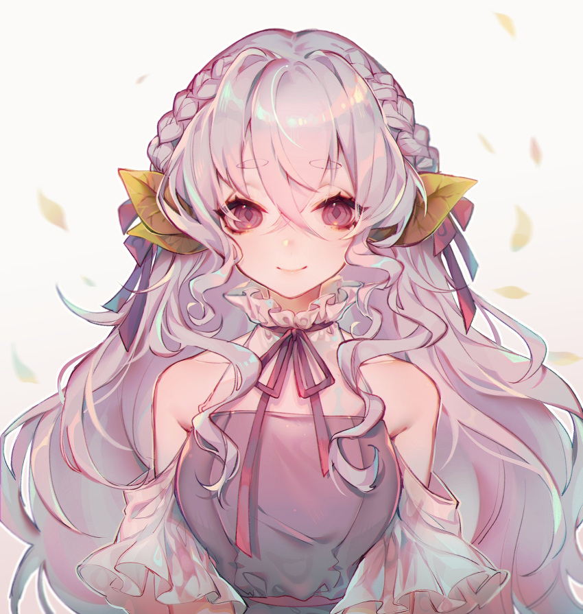 1girl, bangs, bow, braid, breasts, collarbone, commission, crown_braid