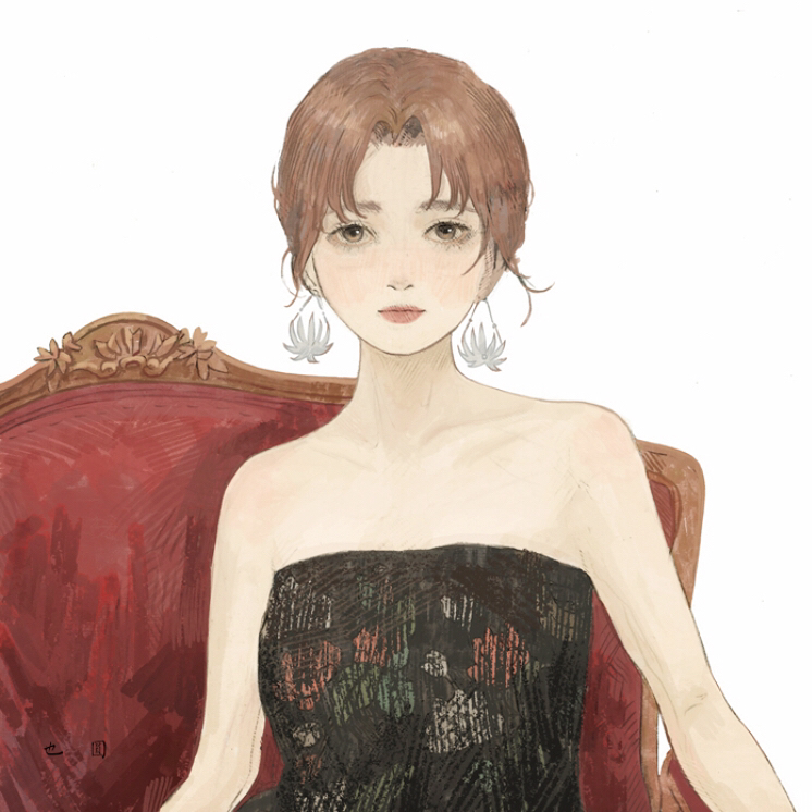 1girl, bangs, bare_shoulders, black_dress, brown_eyes, brown_hair, dress, earrings, jewelry, looking_at_viewer, original, parted_bangs, patterned_clothing, sleeveless, solo, strapless, strapless_dress, upper_body, yeyuan33
