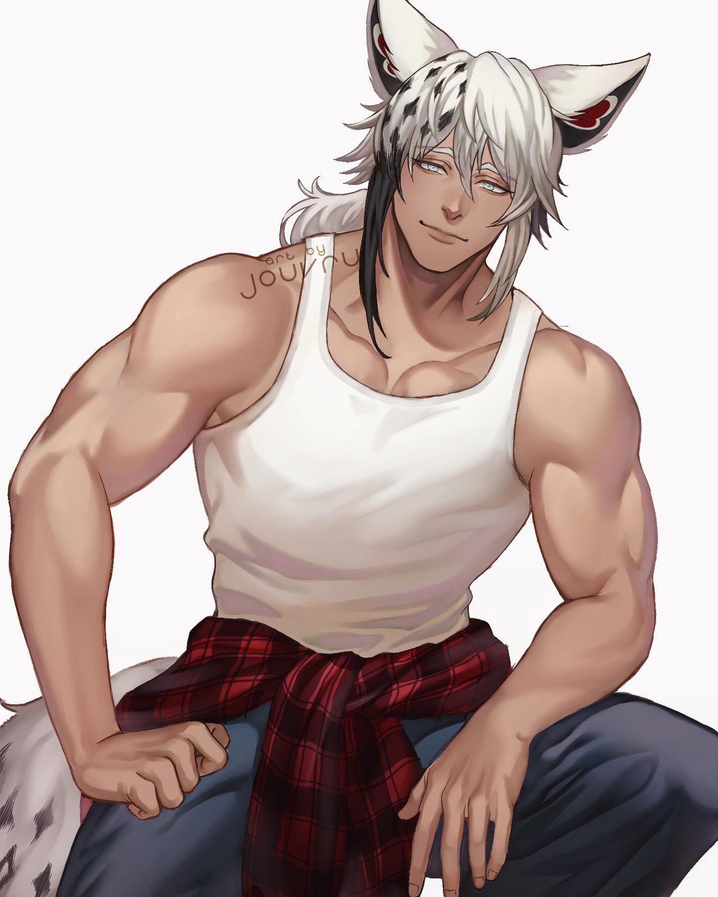 1boy, animal_ears, bangs, biceps, black_hair, closed_mouth, clothes_around_waist, collarbone, commentary, commission, dark_skin, dark_skinned_male, english_commentary, eyebrows_visible_through_hair, grey_eyes, grey_hair, hair_between_eyes, highres, jouvru, lips, long_sleeves, looking_at_viewer, makeup, male_focus, mascara, multicolored_hair, muscle, original, pectorals, plaid, plaid_shirt, red_shirt, shirt, sidelocks, simple_background, sleeveless, smile, solo, tan, tank_top, thick_eyebrows, toned, two-tone_hair, white_background, white_shirt, white_tank_top, wolf_ears