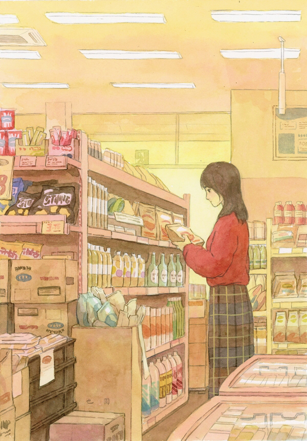 1girl, bottle, box, brown_hair, convenience_store, feet_out_of_frame, holding, indoors, long_hair, long_skirt, original, plaid, plaid_skirt, profile, red_sweater, shelf, shop, skirt, solo, sweater, yeyuan33