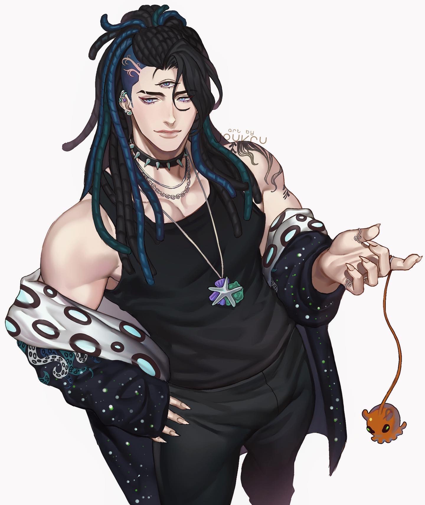 1boy, artist_name, black_choker, black_collar, black_hair, black_pants, black_shirt, blue_eyes, chain_necklace, choker, collar, collarbone, commission, cowboy_shot, ear_piercing, earrings, facial_mark, fingernails, hairlocs, hand_on_hip, highres, jewelry, jouvru, light_smile, long_fingernails, long_hair, long_sleeves, looking_at_viewer, male_focus, multiple_piercings, necklace, original, pants, piercing, seashell_necklace, sharp_fingernails, shirt, shoulder_tattoo, sleeveless, solo, spiked_collar, spikes, star_(symbol), tank_top, tattoo, third_eye, toned, white_background