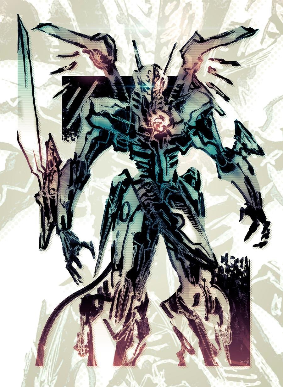 arm_blade, blue_eyes, cropped_legs, glowing, glowing_eye, highres, jehuty, looking_at_viewer, mecha, no_humans, open_hands, parody, shinkawa_youji_(style), solo, style_parody, teoft, weapon, wings, zone_of_the_enders