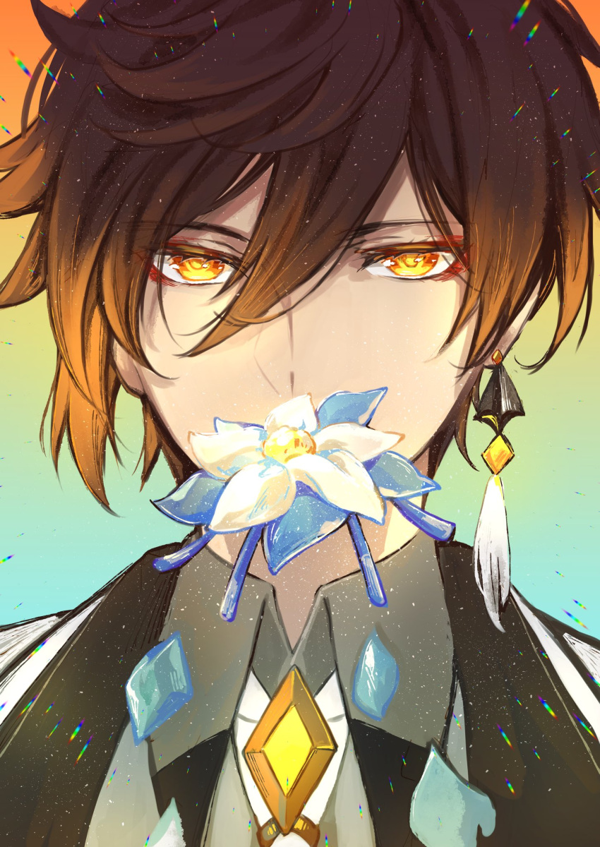 1boy, bangs, black_hair, close-up, collar, covered_mouth, flower, formal, genshin_impact, hair_between_eyes, highres, jacket, jewelry, jin_(phoenixpear), long_hair, looking_at_viewer, male_focus, multicolored_hair, petals, simple_background, single_earring, solo, suit, yellow_eyes, zhongli_(genshin_impact)