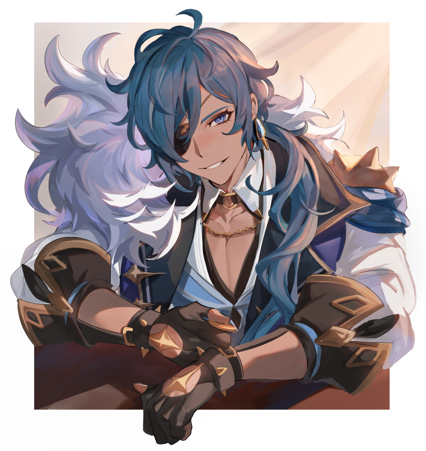 1boy, absurdres, arm_rest, blue_eyes, blue_hair, border, brown_gloves, chain