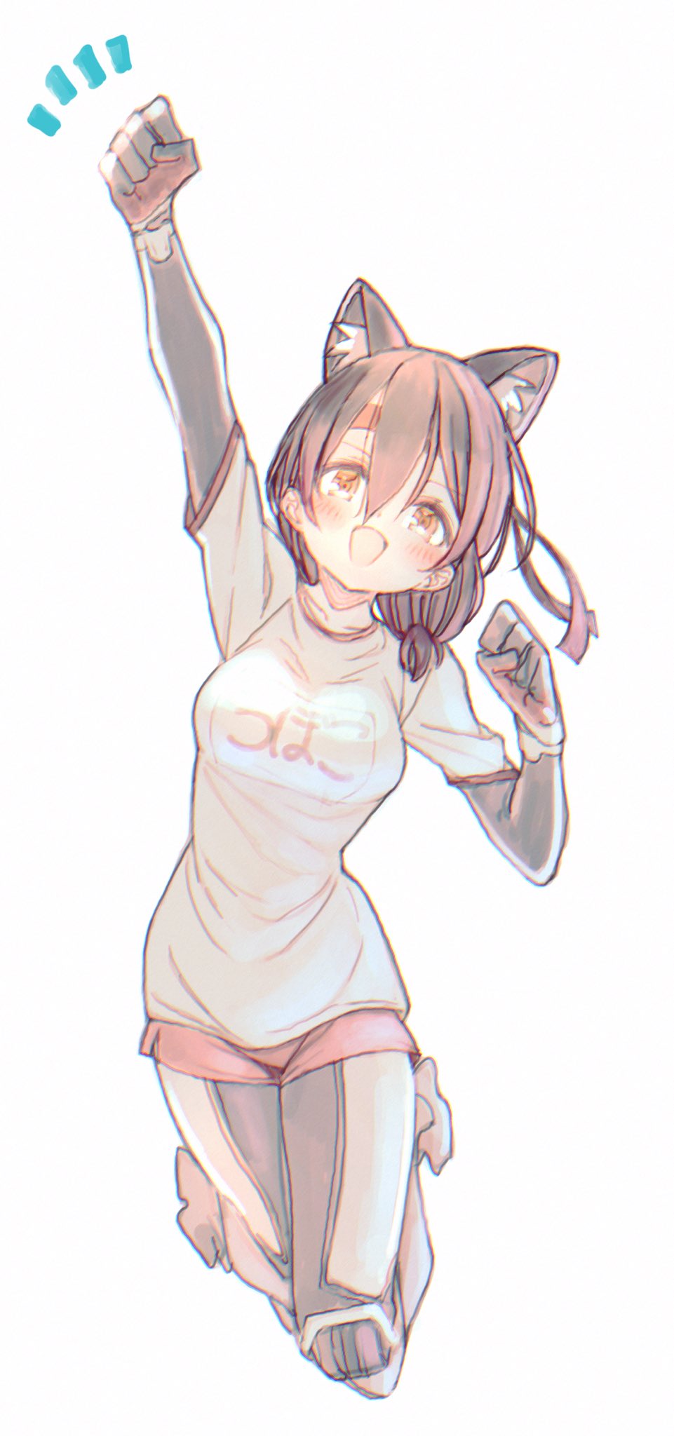 1girl, alternate_costume, animal_ear_fluff, animal_ears, blush, breasts, brown_hair, cat_ears, clenched_hands, gym_uniform, hair_between_eyes, hand_up, headband, highres, hololive, jumping, kemonomimi_mode, looking_at_viewer, medium_breasts, nosir_onadat, red_headband, roboco-san, short_hair, solo, virtual_youtuber, white_background, yellow_eyes
