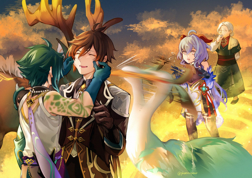 2boys, 2girls, 2others, ahoge, animal, bangs, bare_shoulders, bead_necklace