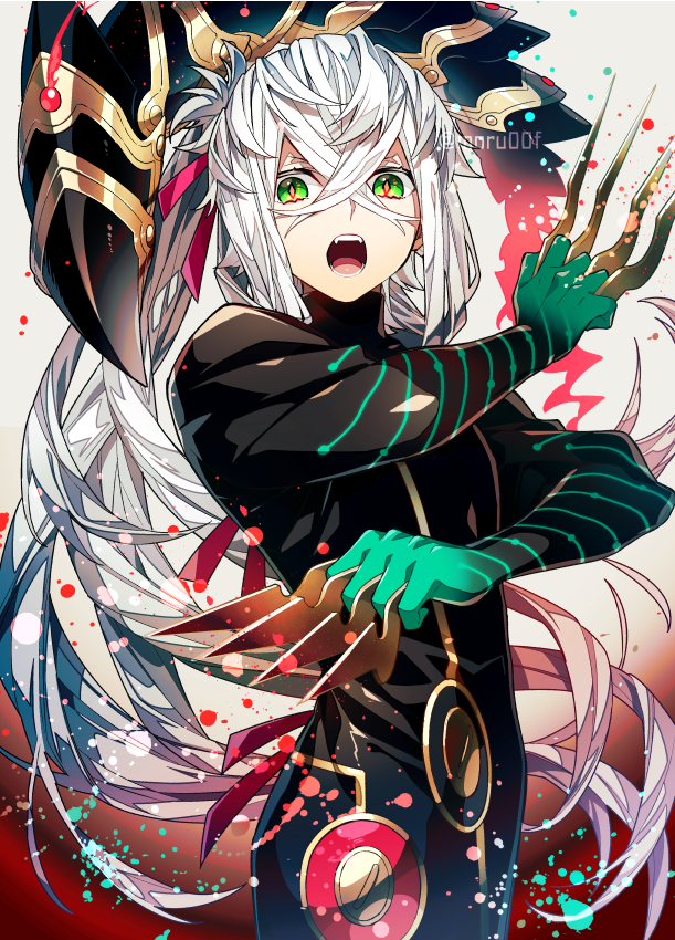 1boy, asclepius_(fate), bangs, black_jacket, cowboy_shot, crossed_bangs, fangs, fate/grand_order