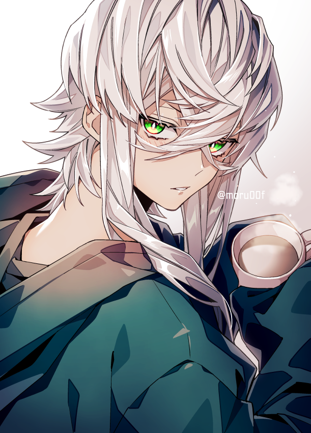1boy, alternate_costume, asclepius_(fate), bangs, crossed_bangs, cup, drink, fate/grand_order